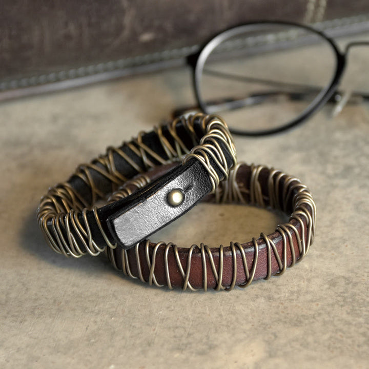 Buddha Stones Vintage leren balansarmband met koperen en messing Armband - image 0