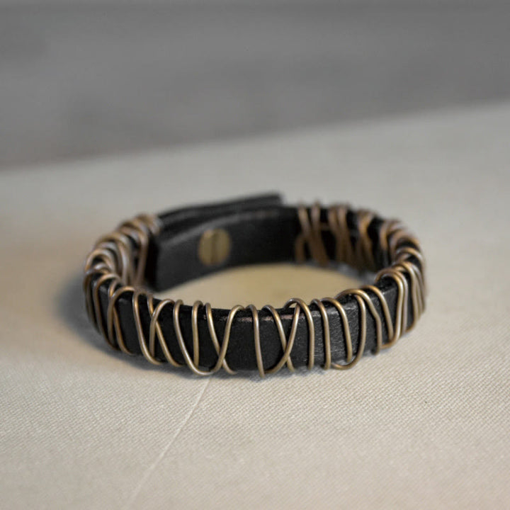 Buddha Stones Vintage leren balansarmband met koperen en messing Armband - Zwart - 17-17,6 cm - image 12