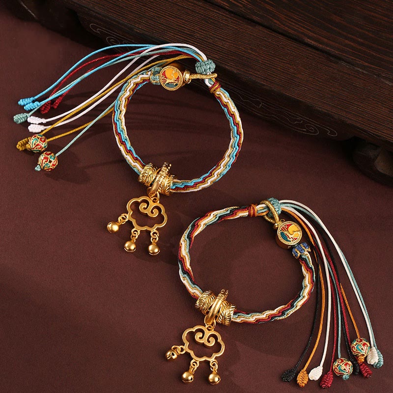 Buddha Stones Handgemaakte Armband met hertenmotief in Dunhuang-kleuren, een gelukbrengende wolk, vredesslot, bel en helende reïncarnatieknoop. - image 0