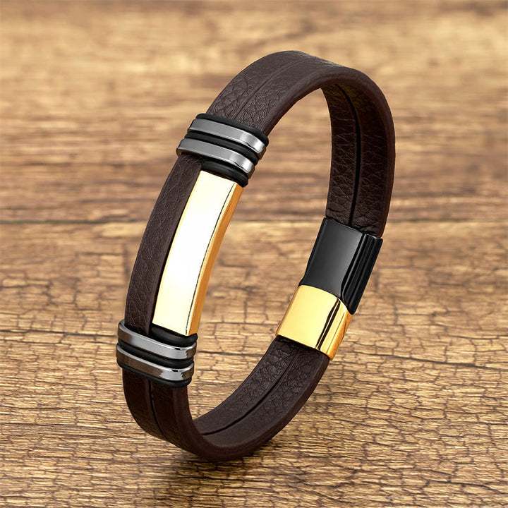 Buddha Stones Bruine leren balansarmband met titanium stalen Armband - Zwart Goud - 18-22 cm - image 1