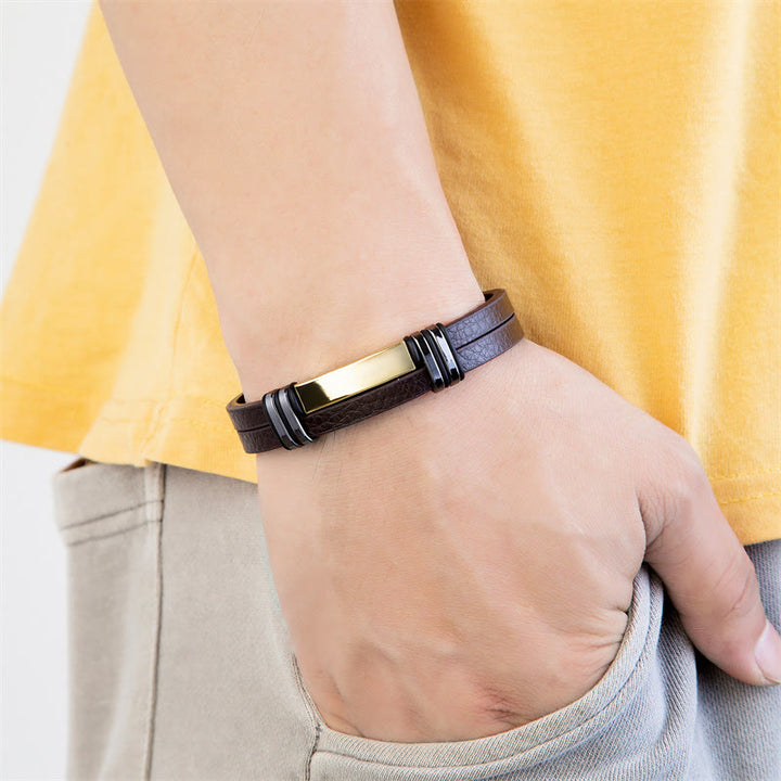 Buddha Stones Bruine leren balansarmband met titanium stalen Armband - image 3
