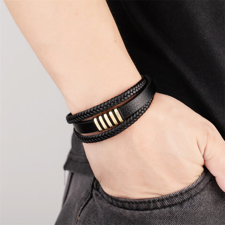 Buddha Stones Balancerende Armband met meerlaags leren touw, titanium stalen gesp - image 1