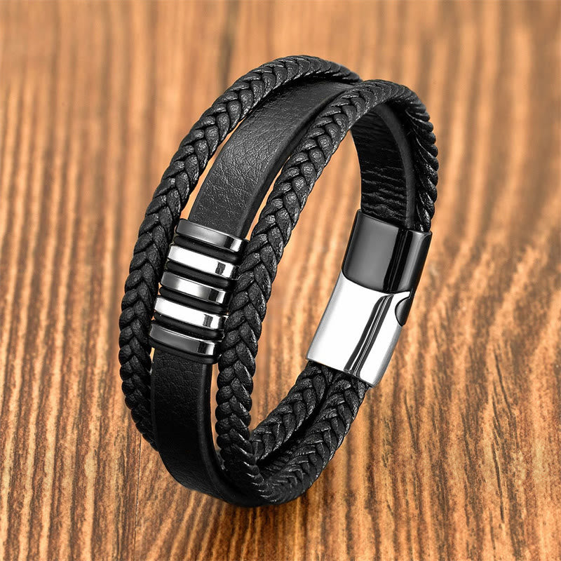 Buddha Stones Balancerende Armband met meerlaags leren touw, titanium stalen gesp - Zwart zilver - 18-22 cm - image 6