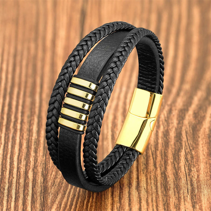 Buddha Stones Balancerende Armband met meerlaags leren touw, titanium stalen gesp - Goud - 18-22 cm - image 0