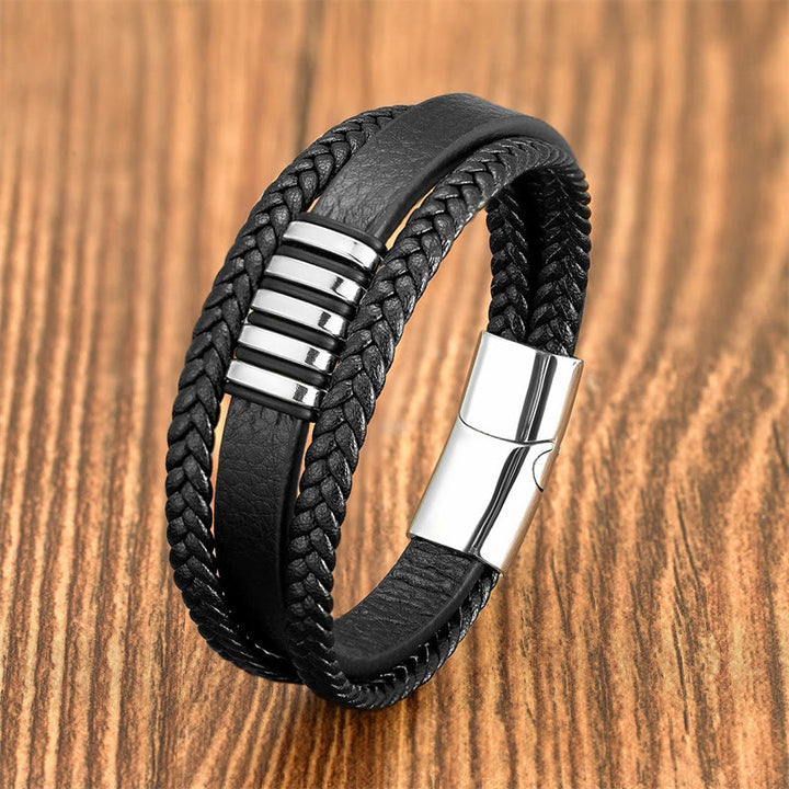 Buddha Stones Balancerende Armband met meerlaags leren touw, titanium stalen gesp - Zilver - 18-22 cm - image 9