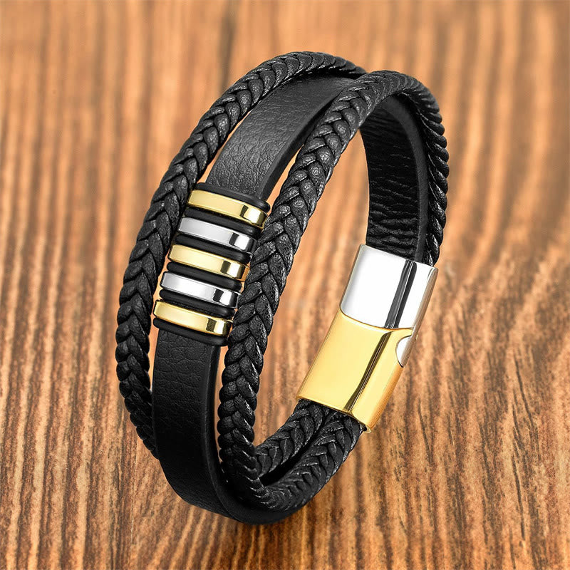 Buddha Stones Balancerende Armband met meerlaags leren touw, titanium stalen gesp - Zilver Goud - 18-22 cm - image 3