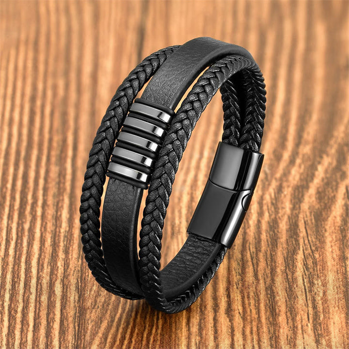 Buddha Stones Balancerende Armband met meerlaags leren touw, titanium stalen gesp - Zwart - 18-22 cm - image 7