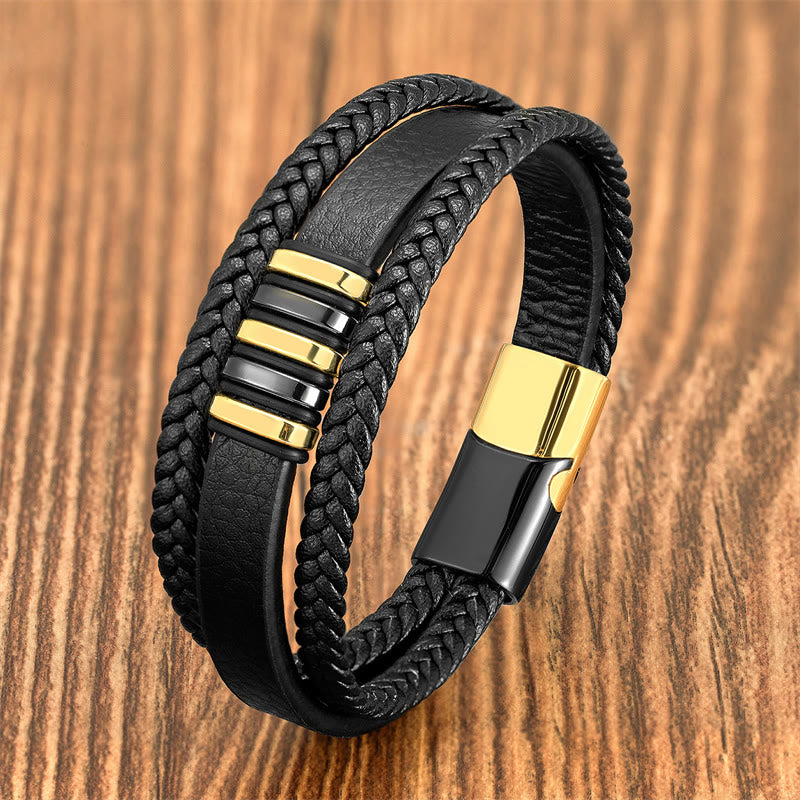 Buddha Stones Balancerende Armband met meerlaags leren touw, titanium stalen gesp - Goud Zwart - 18-22 cm - image 2