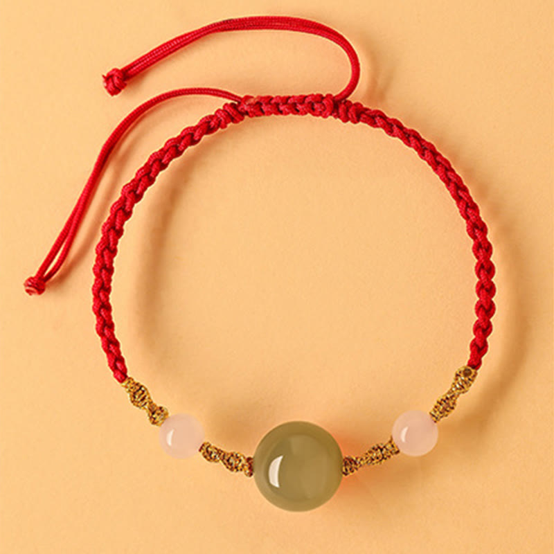 Buddha Stones Hetian Jade Zwarte Onyx Rode Agaat Kraal Geluk Gevlochten Armband - Rood touw & Hetian-jade (Polsomtrek 14-15 cm) - image 0