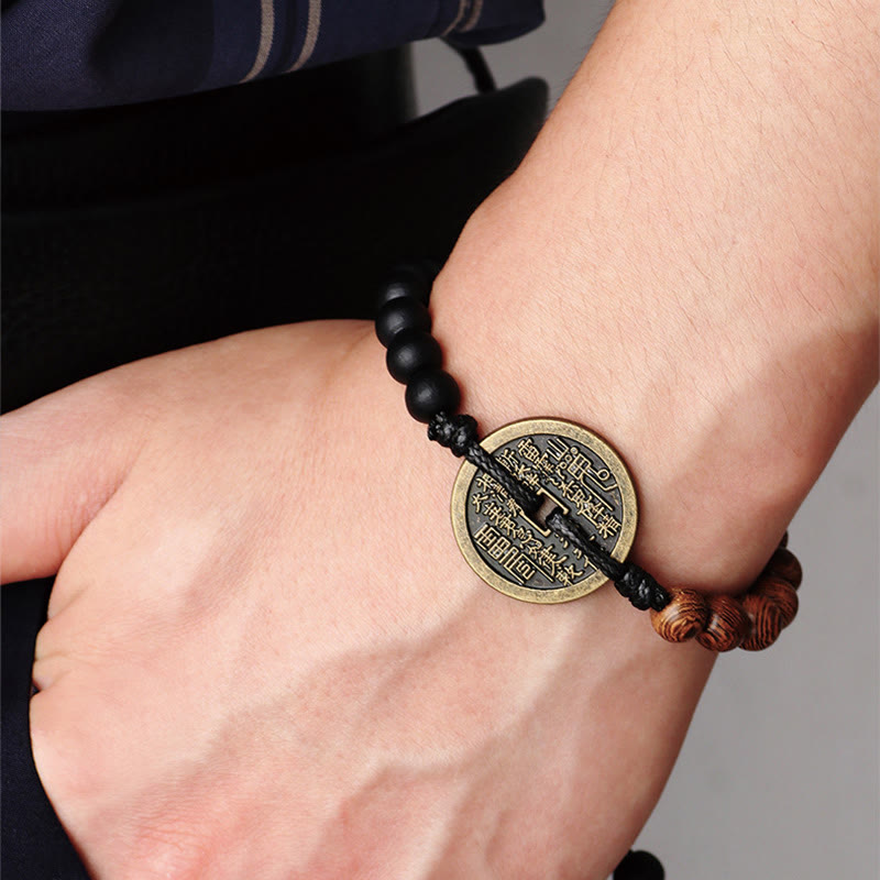 Buddha Stones Ebbenhout Wengehout Berggeesten Geld uitgeven Bagua Koperen Munt Armband - Zwart touw (Polsomtrek 16-30 cm) - image 0