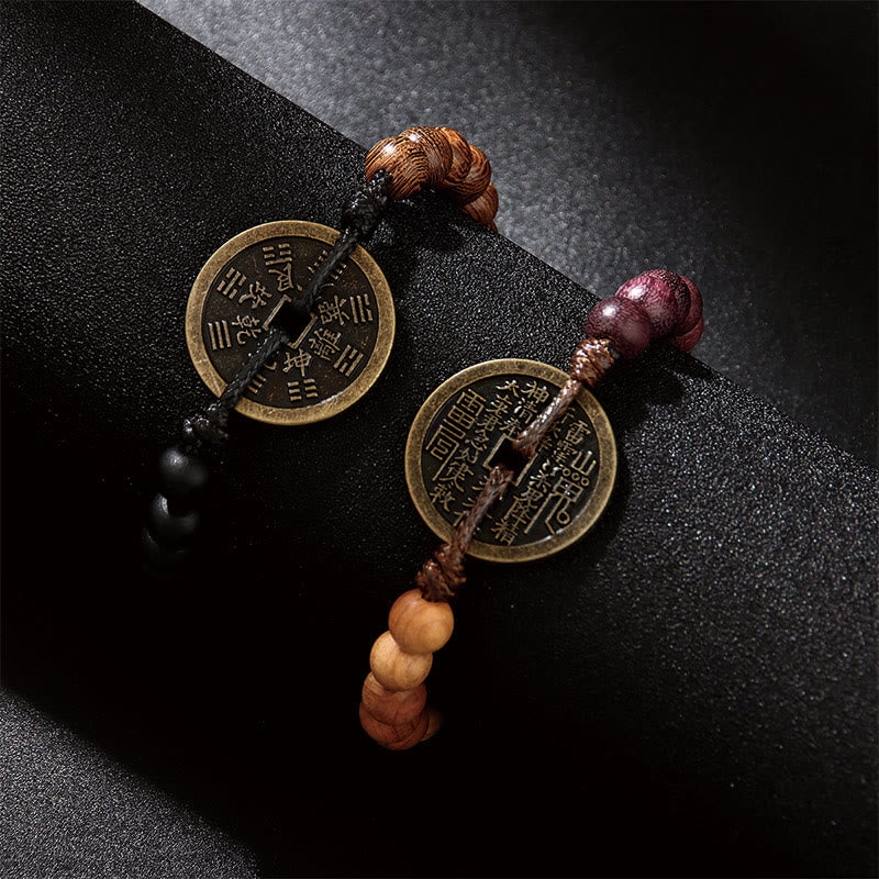 Buddha Stones Ebbenhout Wengehout Berggeesten Geld uitgeven Bagua Koperen Munt Armband - image 1