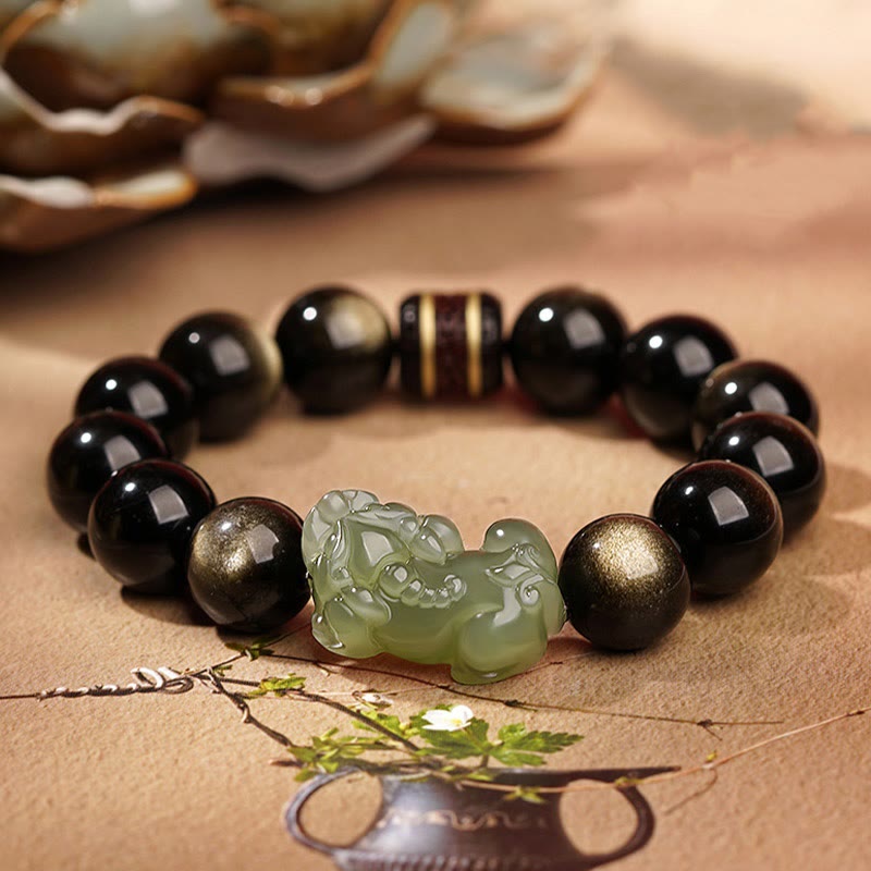 Buddha Stones Natuurlijke goudglans obsidiaan Hetian cyaan jade witte jade PiXiu rijkdom Armband - Goudglans Obsidiaan Cyaan Jade PiXiu-10mm (Heren) - image 0