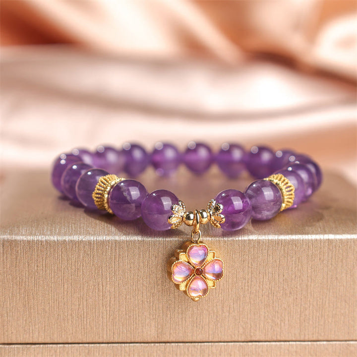 Buddha Stones Armband met bedeltje van een klavertje vier van natuurlijke amethist - image 6