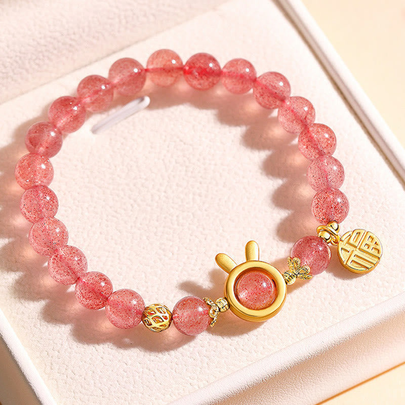 Buddha Stones Natuurlijke aardbeikwarts konijn Fu karakter bedeltje Armband - image 1