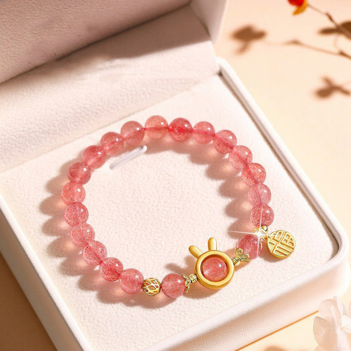 Buddha Stones Natuurlijke aardbeikwarts konijn Fu karakter bedeltje Armband - image 2