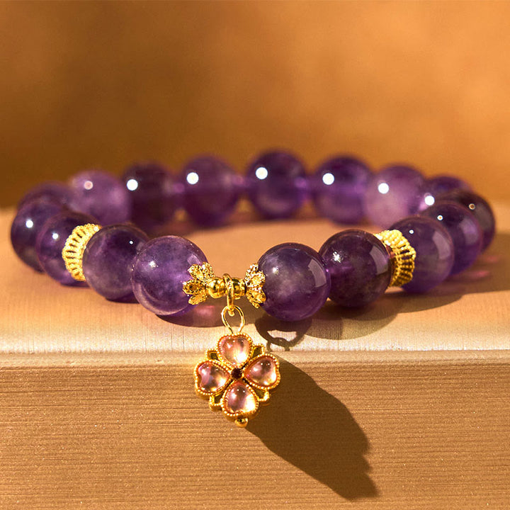 Buddha Stones Armband met bedeltje van een klavertje vier van natuurlijke amethist - Amethist (Polsomtrek: 15-17 cm) - image 0