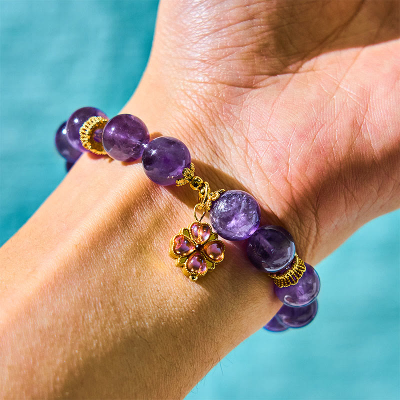 Buddha Stones Armband met bedeltje van een klavertje vier van natuurlijke amethist - image 5
