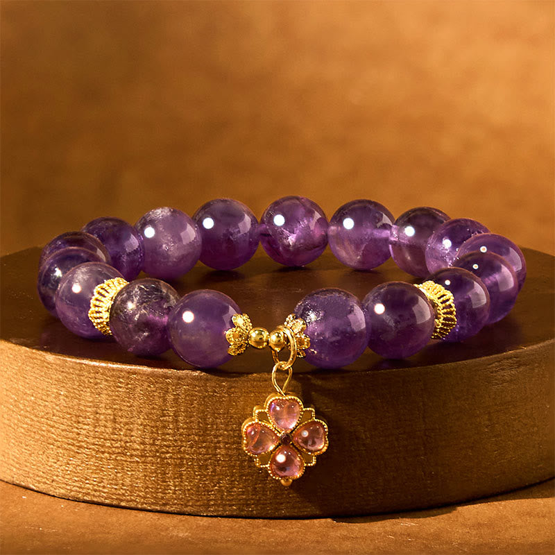 Buddha Stones Armband met bedeltje van een klavertje vier van natuurlijke amethist - image 2