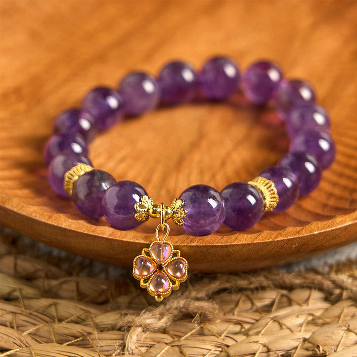 Buddha Stones Armband met bedeltje van een klavertje vier van natuurlijke amethist - image 1