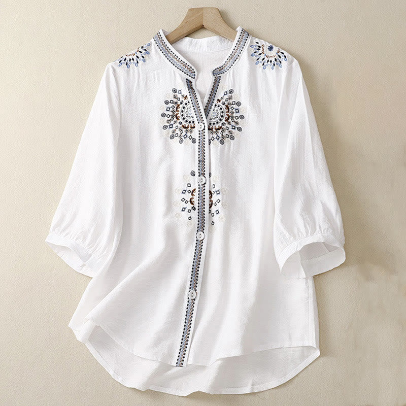 Buddha Stones Casual damesblouse met bohemian borduursels en bloemen, V-hals en korte Mouwlengte . - Wit - US8-10，UK/AU12-14，EU40-42 (2XL) - image 0