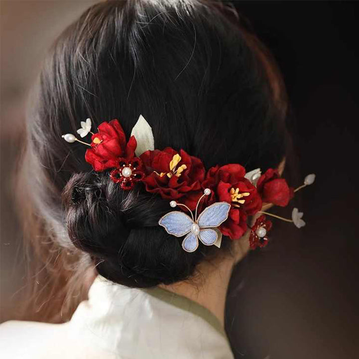Buddha Stones Chinese bruiloft rode bloem vlinder haarclip - Haarclip met rode bloem en vlinder - image 0