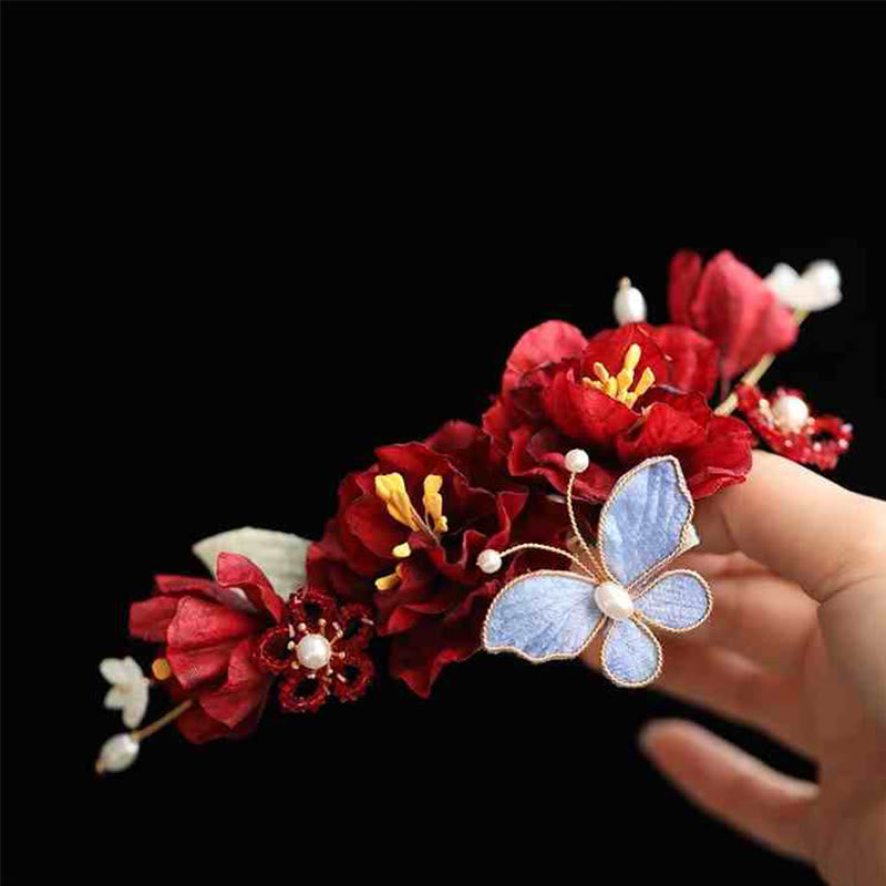 Buddha Stones Chinese bruiloft rode bloem vlinder haarclip - image 1