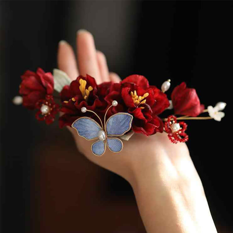 Buddha Stones Chinese bruiloft rode bloem vlinder haarclip - image 2