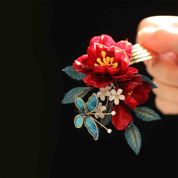 Buddha Stones Haarclip/ Kam in Chinese stijl met rode camelia en Haarspeld . - Kam met rode camelia-print (klein) - image 13