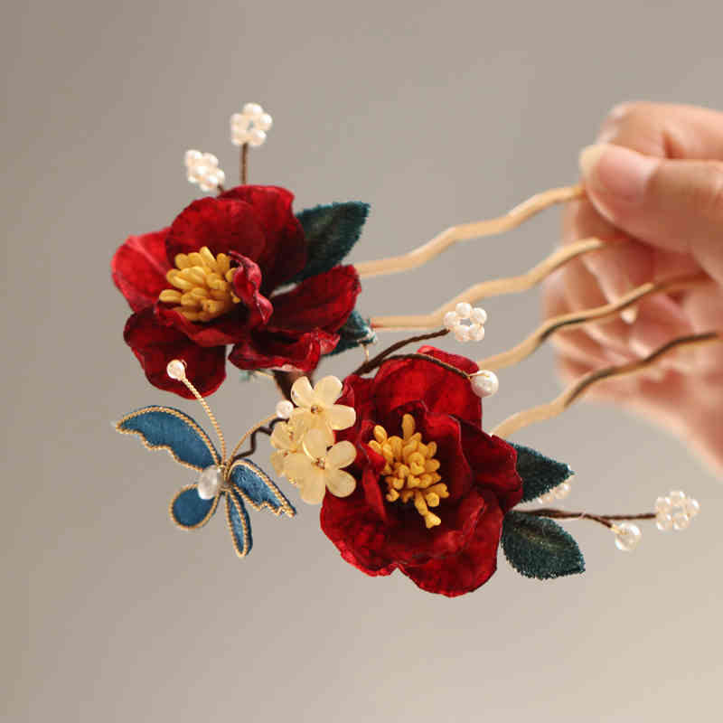 Buddha Stones Haarclip/ Kam in Chinese stijl met rode camelia en Haarspeld . - image 2