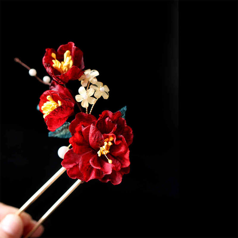 Buddha Stones Haarclip/ Kam in Chinese stijl met rode camelia en Haarspeld . - Rode camelia Haarspeld - image 7