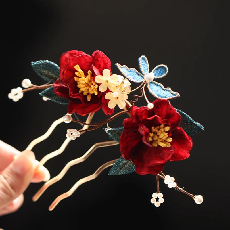 Buddha Stones Haarclip/ Kam in Chinese stijl met rode camelia en Haarspeld . - image 4