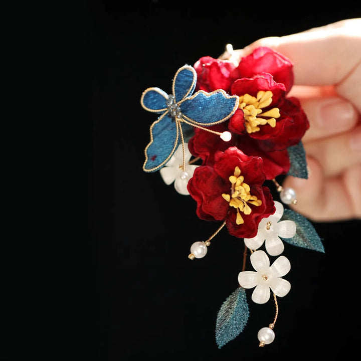 Buddha Stones Haarclip/ Kam in Chinese stijl met rode camelia en Haarspeld . - image 11