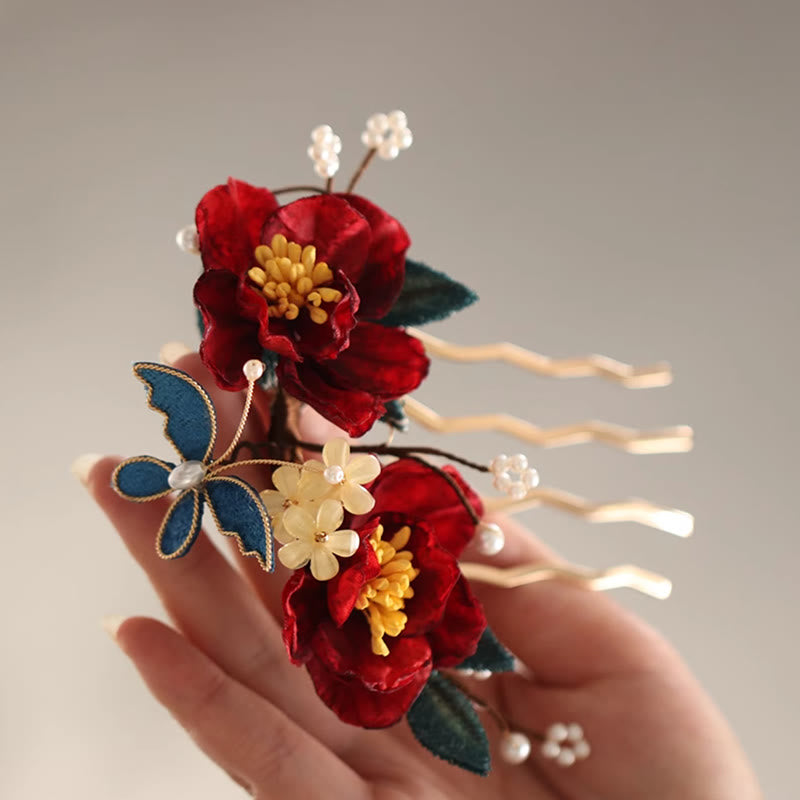 Buddha Stones Haarclip/ Kam in Chinese stijl met rode camelia en Haarspeld . - image 5