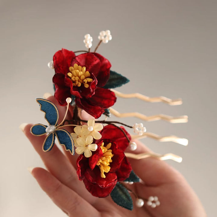 Buddha Stones Haarclip/ Kam in Chinese stijl met rode camelia en Haarspeld . - image 5