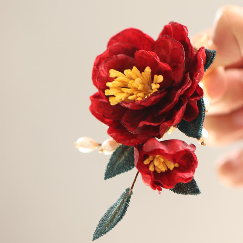 Buddha Stones Haarclip/ Kam in Chinese stijl met rode camelia en Haarspeld . - Rode camelia haarclip - image 8