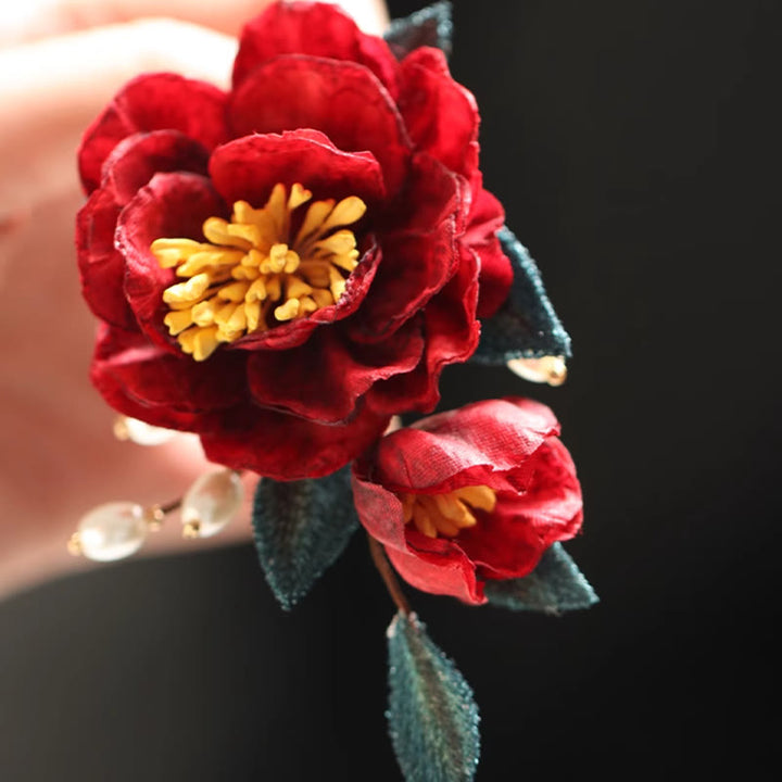 Buddha Stones Haarclip/ Kam in Chinese stijl met rode camelia en Haarspeld . - image 9