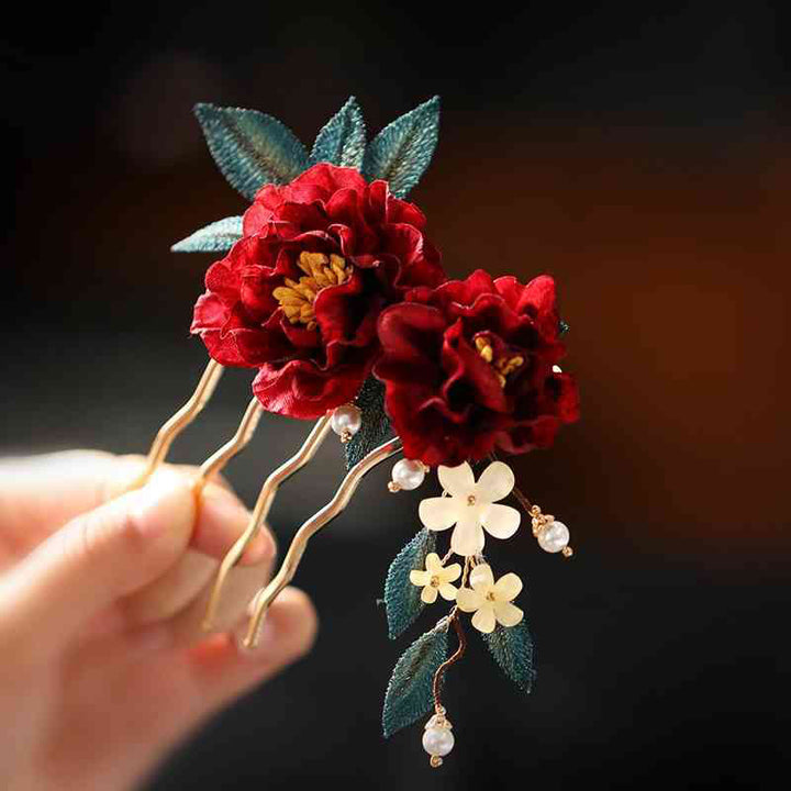 Buddha Stones Haarclip/ Kam in Chinese stijl met rode camelia en Haarspeld . - Twee rode camelia Kam - image 17