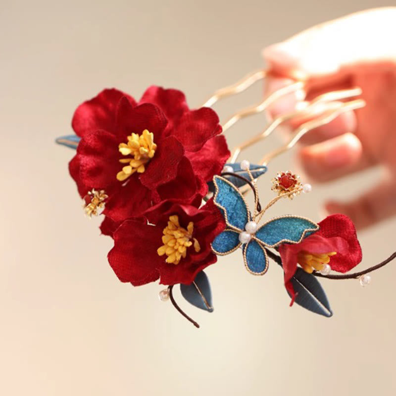 Buddha Stones Haarclip/ Kam in Chinese stijl met rode camelia en Haarspeld . - image 1