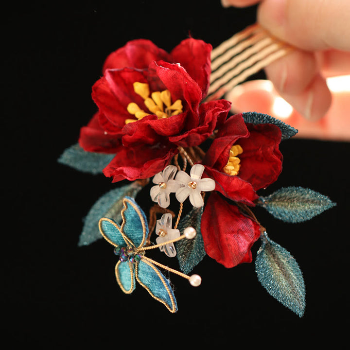 Buddha Stones Haarclip/ Kam in Chinese stijl met rode camelia en Haarspeld . - image 14