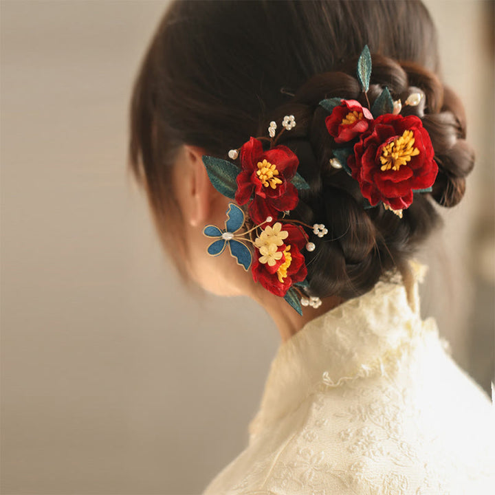 Buddha Stones Haarclip/ Kam in Chinese stijl met rode camelia en Haarspeld . - image 6