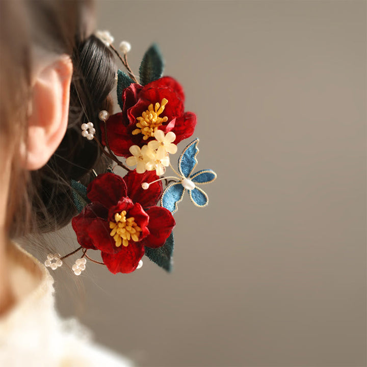 Buddha Stones Haarclip/ Kam in Chinese stijl met rode camelia en Haarspeld . - Rode camelia vlinder Kam - image 0
