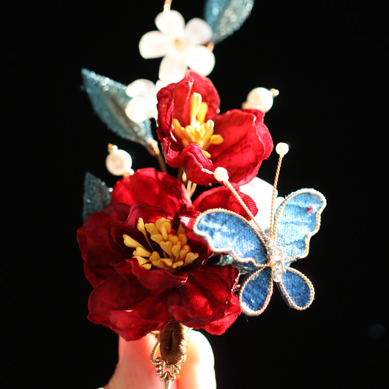 Buddha Stones Haarclip/ Kam in Chinese stijl met rode camelia en Haarspeld . - image 12