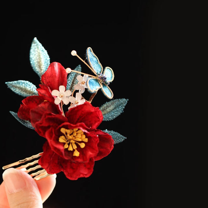 Buddha Stones Haarclip/ Kam in Chinese stijl met rode camelia en Haarspeld . - image 15