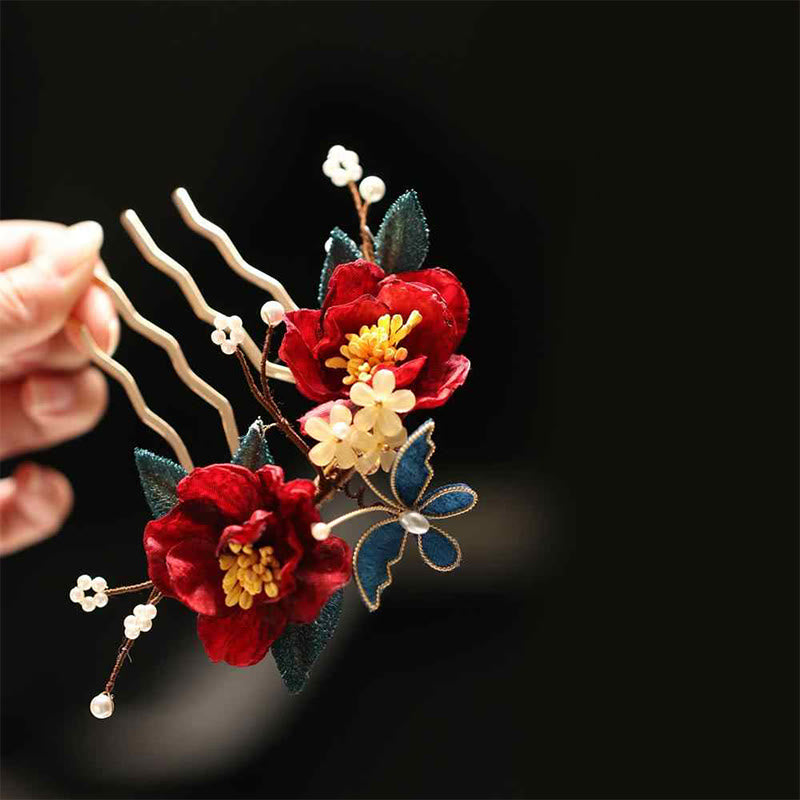Buddha Stones Haarclip/ Kam in Chinese stijl met rode camelia en Haarspeld . - image 3