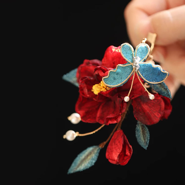 Buddha Stones Haarclip/ Kam in Chinese stijl met rode camelia en Haarspeld . - image 16