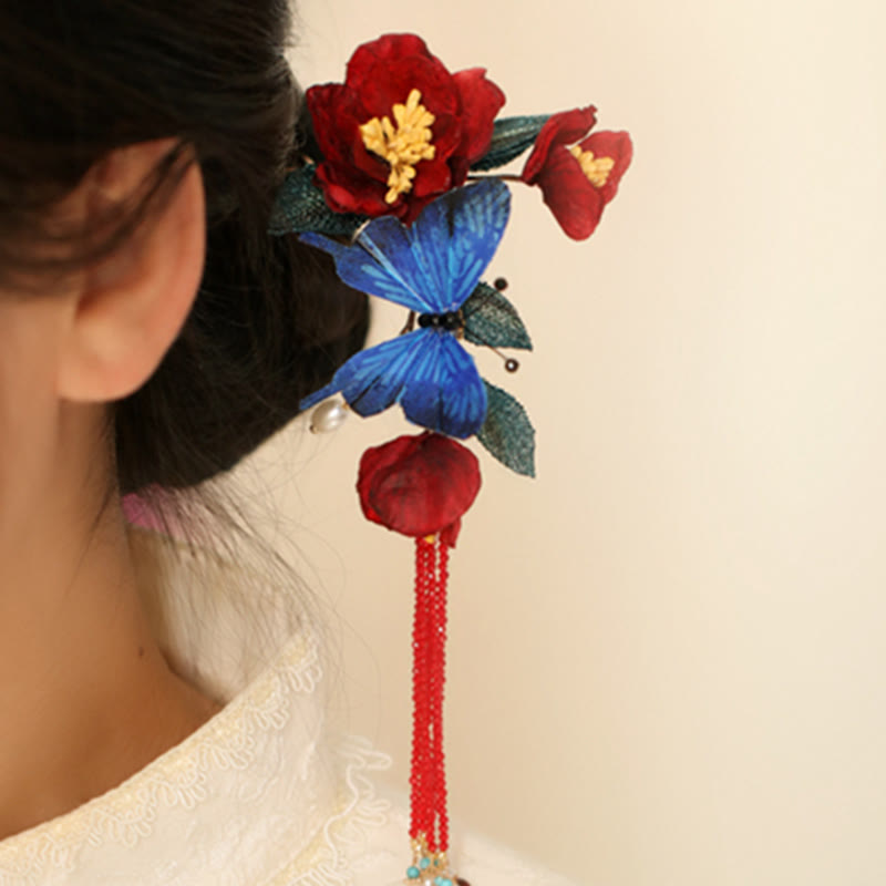 Buddha Stones Klassieke Chinese Haarspeld met rode bloem en blauwe vlinder - image 1