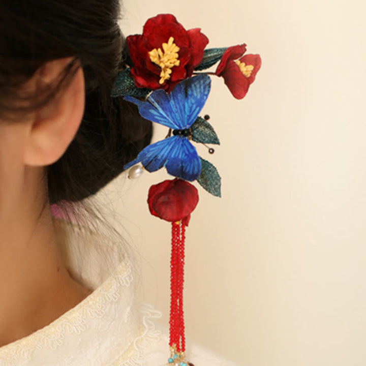 Buddha Stones Klassieke Chinese Haarspeld met rode bloem en blauwe vlinder - image 1