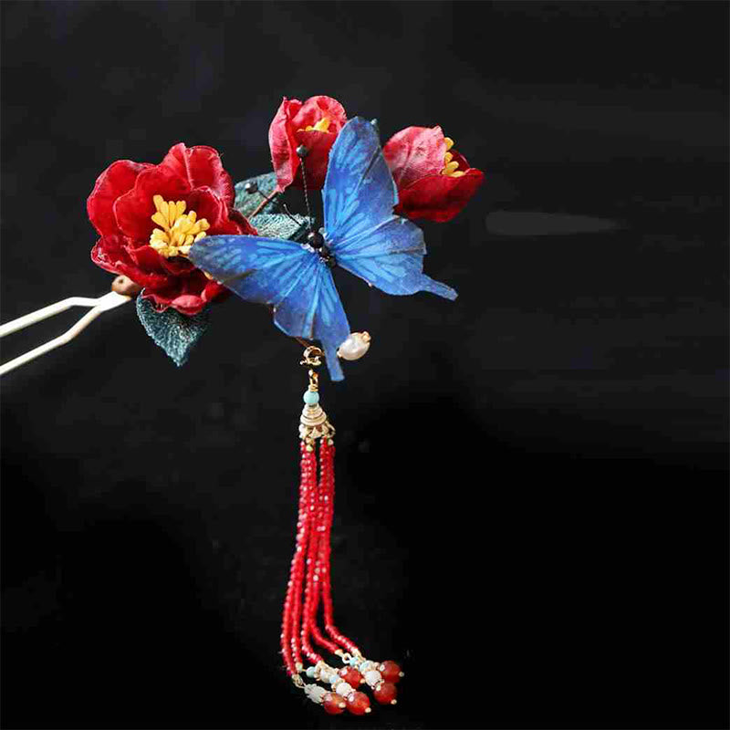Buddha Stones Klassieke Chinese Haarspeld met rode bloem en blauwe vlinder - image 9