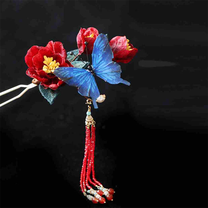 Buddha Stones Klassieke Chinese Haarspeld met rode bloem en blauwe vlinder - image 9