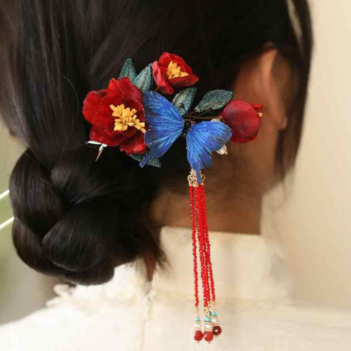 Buddha Stones Klassieke Chinese Haarspeld met rode bloem en blauwe vlinder - image 2